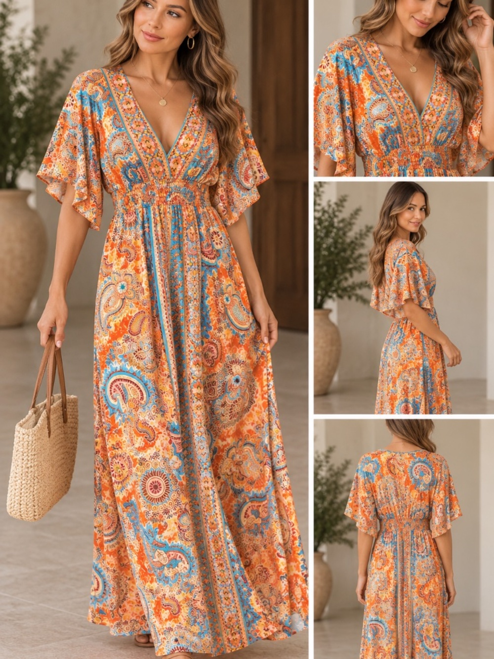 Boho Paisley Maxi Dress Orange Blue Flutter Sleeve V-Neck